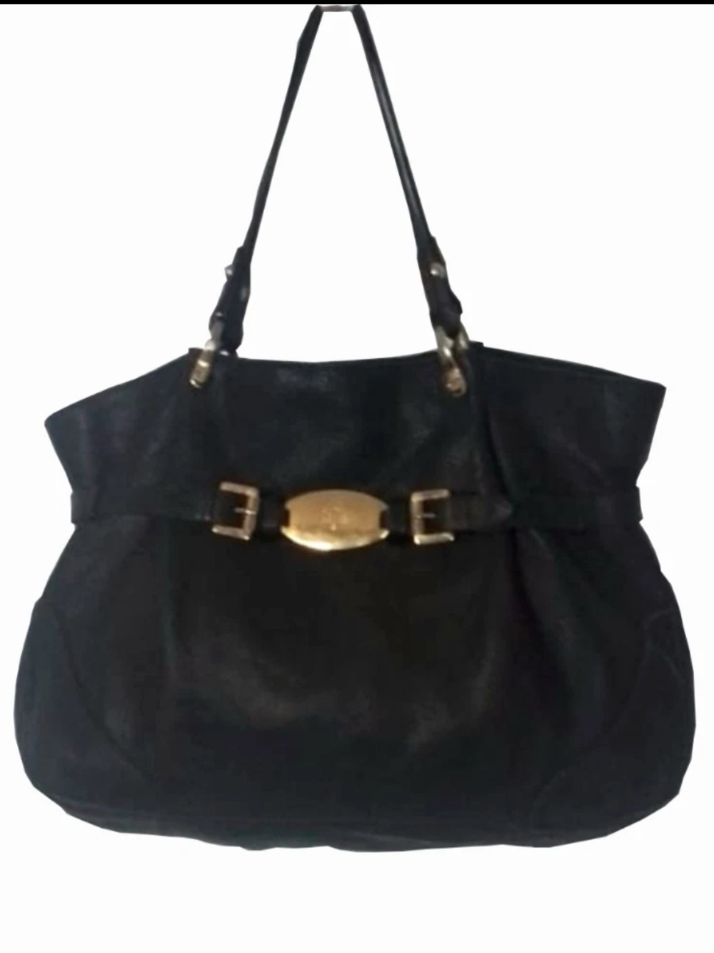 Mulberry Black Leather Shoulder Tote with Gold Plaque